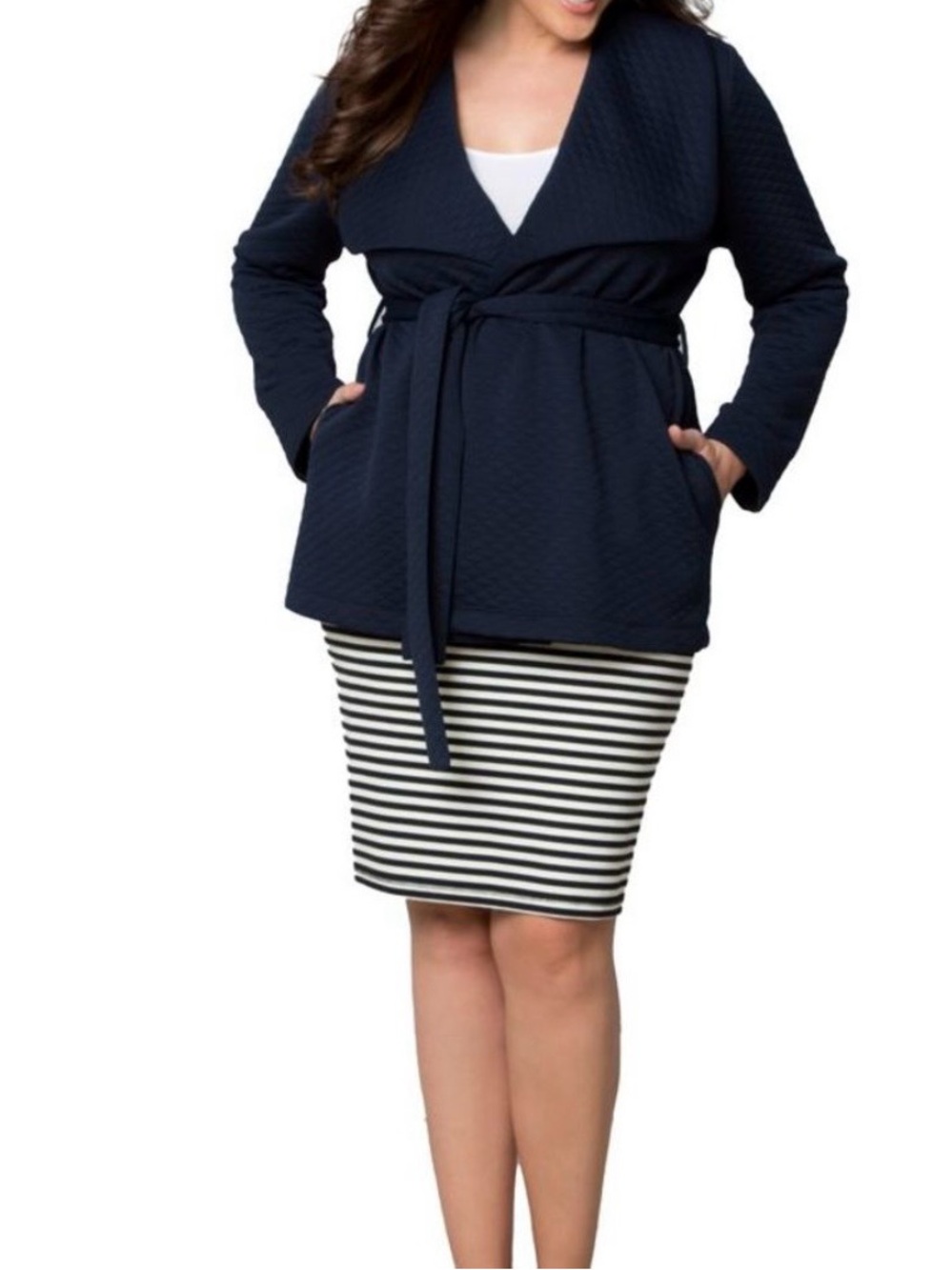 Kiyonna Navy Quilted Open Front Wrap Blazer Jacket Office Vacation Evening